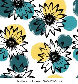 Vector romántico de margarita africana interminable compenetración. Flores de girasol sobre fondo de círculos. Fondo de pantalla de Vector de flores de jardín Doodle. Sutil adorno botánico.