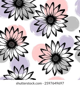 African daisy romantic vector repeat rapport. Rudbeckia daisy bloom over circles background. Creative garden flowerheads vector wallpaper. Adorable natural background.