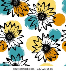 African daisy romantic vector seamless rapport. Rudbeckia daisy bloom over circles background. Doodle garden flowers textile print. Simple botanical background.