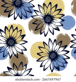 Patrón sin fisuras de Vector romántico de margarita africana. Osteospermum florece sobre círculos de fondo. Patrón de lino decorativo de flores de jardín. Relación natural femenina.