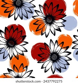 African daisy rustic summer seamless pattern. Sunflower blossom over circles background. Doodle garden flowers scrapbooking swatch. Girlie botanical ornament.