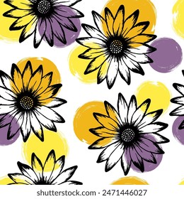 African daisy rustic summer seamless pattern. Osteospermum bloom over circles background. Decorative garden flowerheads textile print. Simple natural rapport.