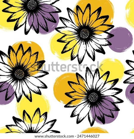 African daisy rustic summer seamless pattern. Osteospermum bloom over circles background. Decorative garden flowerheads textile print. Simple natural rapport.