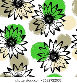 African daisy rustic vector repeat rapport. Osteospermum bloom over circles background. Decorative garden flowers vector wallpaper. Subtle floral ornament.