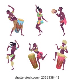 Bailarines africanos. Auténticos personajes tribales masculinos y femeninos en acción plantean a personas vectoriales exactas