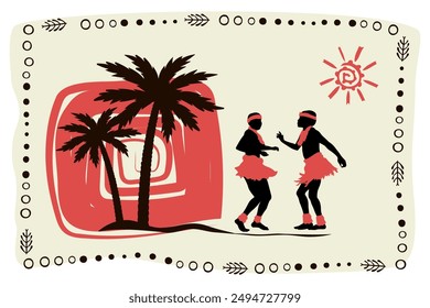 African dancing people silhouettes with ethnic pattern and trees, pattern frame, black and red colors. Vector illustration	
