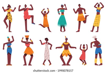 African dancing people. Dancing tribal dance African black male and female characters isolated cartoon vector illustration set. African tribal dancers. Tribal traditional ethnic dance, people african