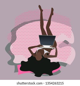 african dark black skin and hears girl or yang woman with a laptop on the bed teleworker freelancer