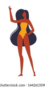 African Dark Skinned Woman Character with Long Hair in Yellow Swimsuit Admire of Herself Isolated on White Background, Body Positive, Love to Own Figure, Cartoon Flat Vector Illustration, Clip Art