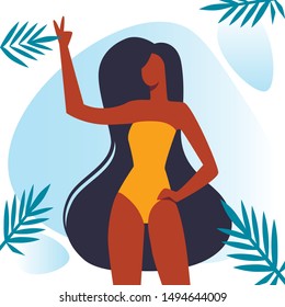 African Dark Skinned Woman Character with Long Hair in Yellow Swimsuit Show Victory Gesture on White Background with Palm Tree Leaves, Body Positive, Love Own Figure, Cartoon Flat Vector Illustration