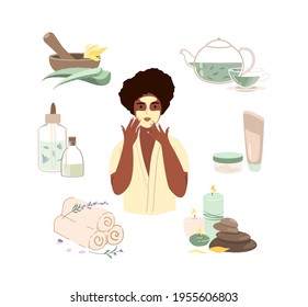 African Dark Skinned Woman with Clay Cleansing Face Mask relaxing in Spa Welness Center.Herbal Treatment Concept.Skin care for health,wellbeing, beauty salon.Flat vector illustration isolated on white