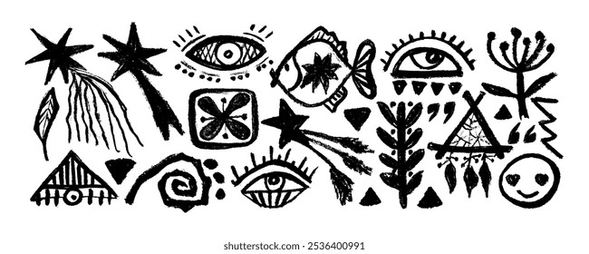  African  decoration tribal geometric shapes set . Charcoal drawing of ancient ethnic traditional symbols and ornate signs. Hand-drawn Mexican elements in doodle style.
