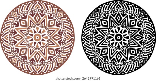 African decorative circle ornament vector illustration. Hand drawn circular ethnic art for bohemian interior design. Tribal pattern for plate, rug or other round printing design. Ring embroidery art.