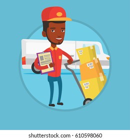 African delivery man with cardboard boxes on troley. Delivery man with clipboard. Delivery man standing in front of delivery van. Vector flat design illustration in the circle isolated on background