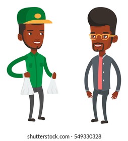 African delivery man delivering groceries. Delivery man delivering online shopping order. Delivery man carrying packages with groceries. Vector flat design illustration isolated on white background.