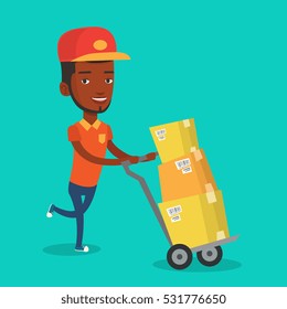 An african delivery postman with cardboard boxes on trolley. Delivery postman pushing trolley with cardboard boxes. Delivery postman delivering parcels. Vector flat design illustration. Square layout.