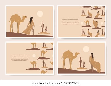 African desert background set of asian girls, camel, cactus and moon icons. Oriental abstract flyer illustration in minimalistic style. Egypt outdoor landscape booklet. Arabic travel vector brochure.