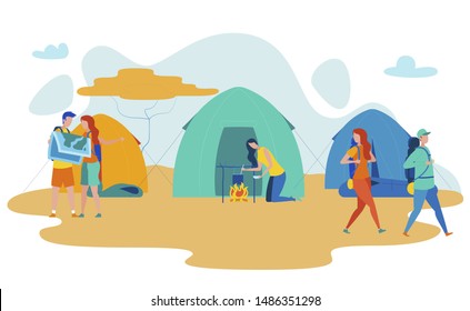 African Desert Campsite Flat Vector Illustration. Backpackers Group Relaxing in Tents, Cooking Food on Nature. Tourists Exploring Africa. Man and Woman Holding Wild Area Map Cartoon Characters