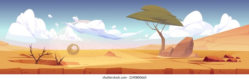 African desert landscape, africa natural panoramic background for game with tumbleweed rolling along hot dry deserted nature with yellow sand and rocks under blue sky with clouds, Cartoon