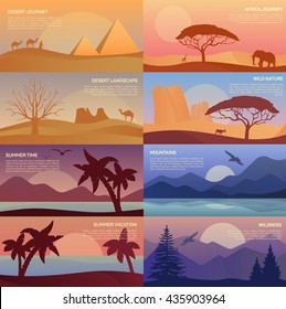 African desert landscape with elephant and giraffe, egypt pyramids with camel caravan or convoy with bedouin, wildlife with pines and mountain at dawn, sandy beach with palms at summer sunset