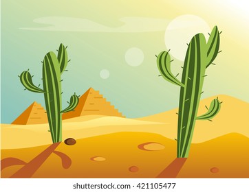 African Desert Landscape Flat Bright Color Simplified Vector Illustration In Realistic Cartoon Style Design