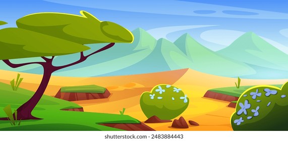 Afrikanische Wüstenlandschaft mit Sand- und Felsbergen, Bäumen und Büschen. Cartoon-Vektorillustration der Sommerwildnis Afrika Savannenlandschaft mit Akazienwäldern und Grün für Safaritourismus.