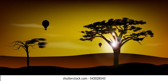 African desert Safari. Scene landscape sunset background, acacia tree and air balloon in sky. Sun rays shining, beautiful nature. Summer sunny day in Africa landscape.