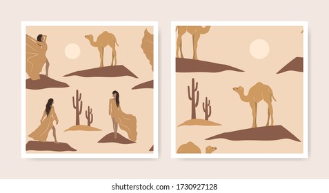 African desert seamless pattern set of asian girls, camel, cactus and moon icons. Oriental abstract texture in minimalistic style. Egypt landscape wallpaper illustration. Arabic travel wrapping design