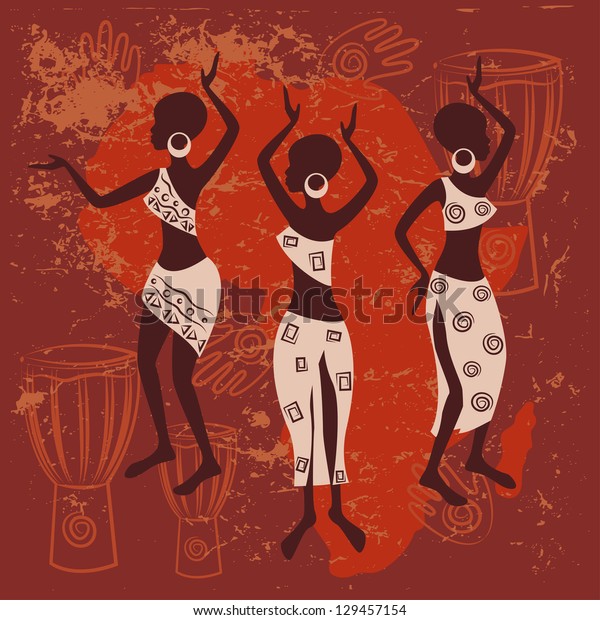 African design. Beautiful ethnic women traditionally dancing. African mural painting. 