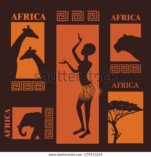 African design. Collection of silhouettes. Beautiful ethnic woman, African tree and wild animals