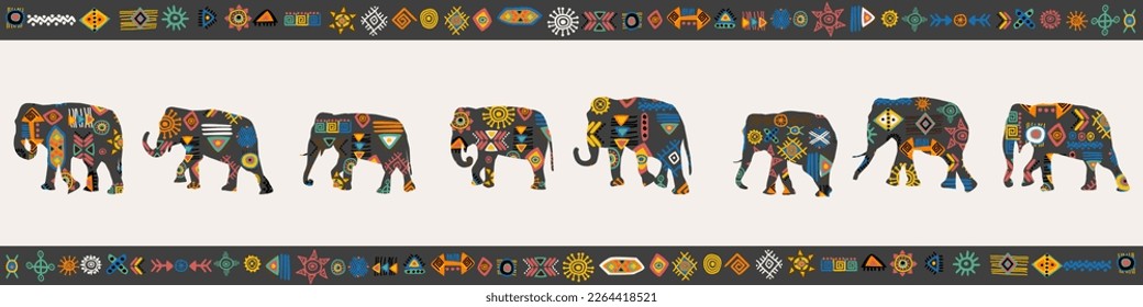 African design with elephants and tribal symbols and motifs