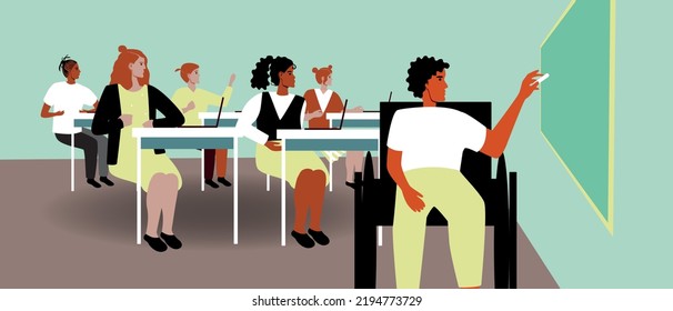 African disabled student in wheelchair in school lesson, flat vector stock illustration with children in classroom
