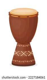 Afrikanische Djembe-Trommel im Cartoon-Stil einzeln auf weißem Hintergrund. Ethnisches, traditionelles Musikinstrument.