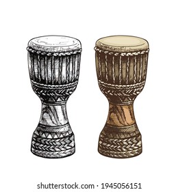 African djembe drum isolated on white background, ethnic musical instrument, hand drawing, black line, detailed illustration, set, color, black and white