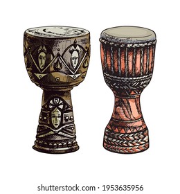 African djembe drum isolated on white background, ethnic musical instrument, hand drawing, black line, detailed illustration, set, color,