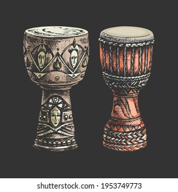 African djembe drum isolated on white background, ethnic musical instrument, hand drawing, black line, detailed illustration, set, color,dark background,