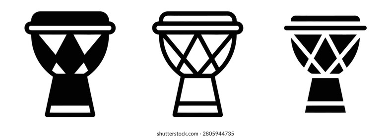 African djembe drum vector icon set. Traditional bongo percussion musical instrument, ethnic tribal folk music festival symbol, and acoustic rhythm beat line art illustration.