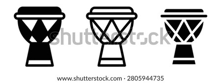 African djembe drum vector icon set. Traditional bongo percussion musical instrument, ethnic tribal folk music festival symbol, and acoustic rhythm beat line art illustration.