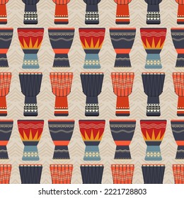 African djembe drums seamless vector pattern. African drums. Percussion. Ethnic seamless pattern. Ethnic musical instruments pattern. Color illustration.