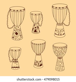 African djembe set. Hand drawn ethnic drums. Six sketchy instruments with different size and decoration. Vector EPS10 doodle.