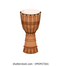 African djembe from wood, skin and rope. Traditional folk goblet drum jembe. Ethnic percussion music instrument from Africa. Colored flat vector illustration isolated on white background