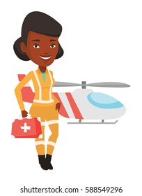 African doctor of air ambulance. Doctor of air ambulance standing in front of rescue helicopter. Doctor of air ambulance with first aid box Vector flat design illustration isolated on white background