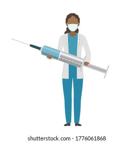 African doctor hold syringe. Cartoon style. Vector illustration.