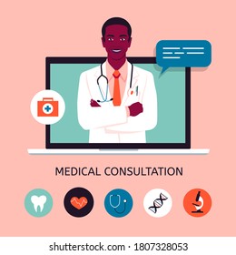 An African doctor in the laptop screen. Online medical consultation and support. Concept vector illustration in flat style with icons.