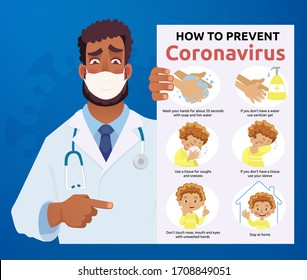 African doctor in mask holding coronavirus banner. Concept of coronavirus quarantine vector illustration.