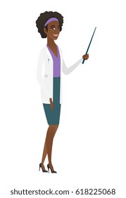 African doctor in medical gown holding pointer stick. Full length of young doctor with pointer stick. Doctor pointing with pointer stick. Vector flat design illustration isolated on white background.