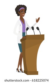 African doctor speaking to audience from tribune. Doctor giving speech from tribune. Doctor standings behind the tribune with microphones. Vector flat design illustration isolated on white background.