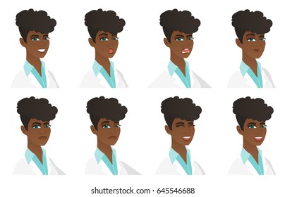 African doctor in uniform smiling. Young female doctor smiling. Portrait of smiling doctor. Set of doctor with different facial emotions. Vector flat design illustrations isolated on white background.