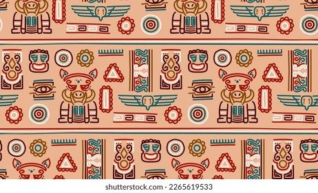 African doodle seamless pattern, boho colors background. Relief motifs with pig drawing. 