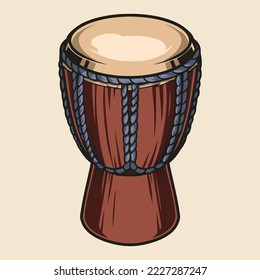 African drum colorful sketch vintage traditional percussion musical instrument from Africa made of wood and braided ropes vector illustration